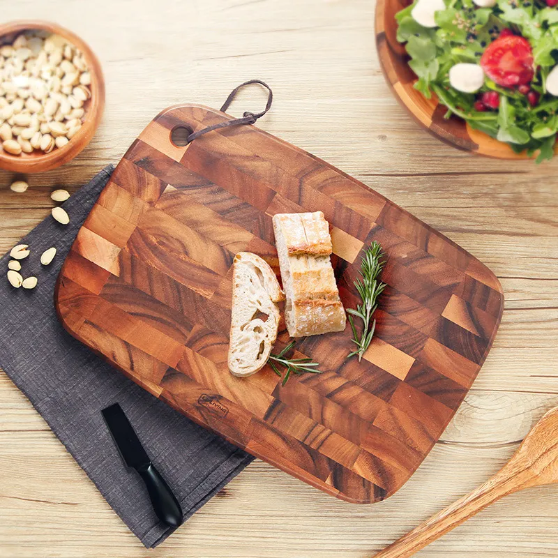 Tabla de cortar de madera de fibra personalizada con cuerda de cuero 