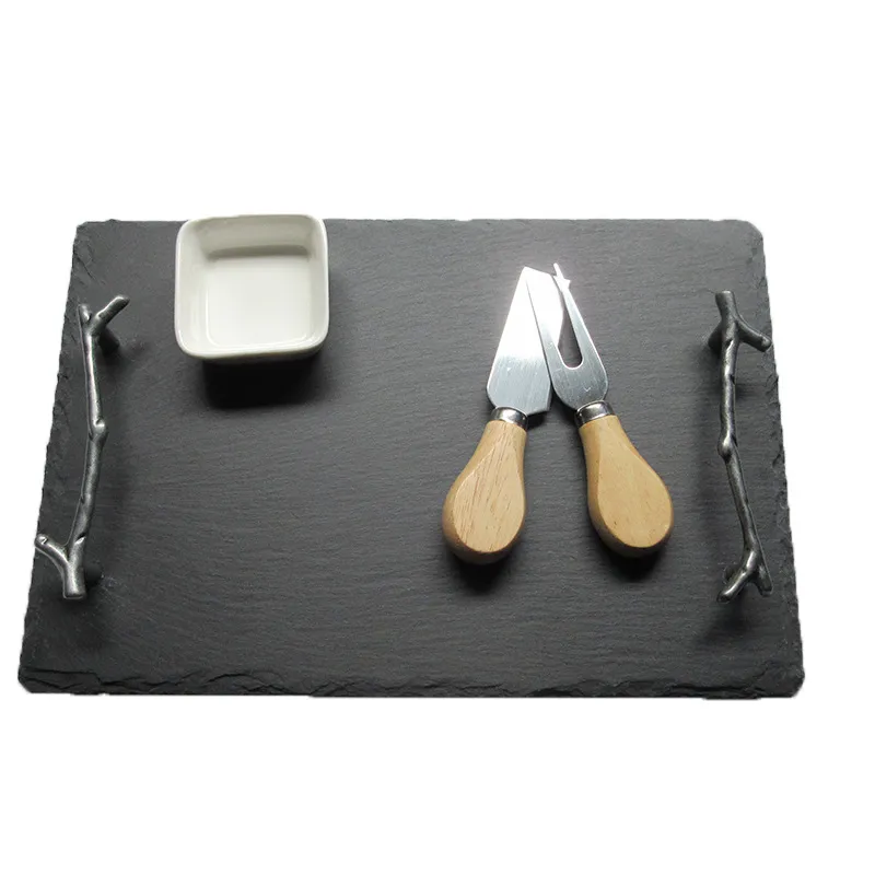 Tabla para servir queso de pizarra rectangular y bandeja con asa 