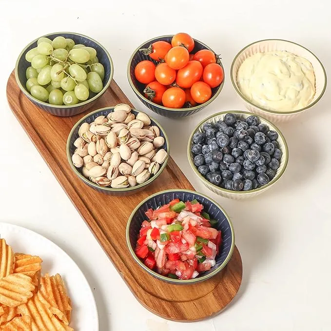 Bandeja de madera de acacia con 3 tazones de cerámica de diferentes colores para el juego Chip y DIP