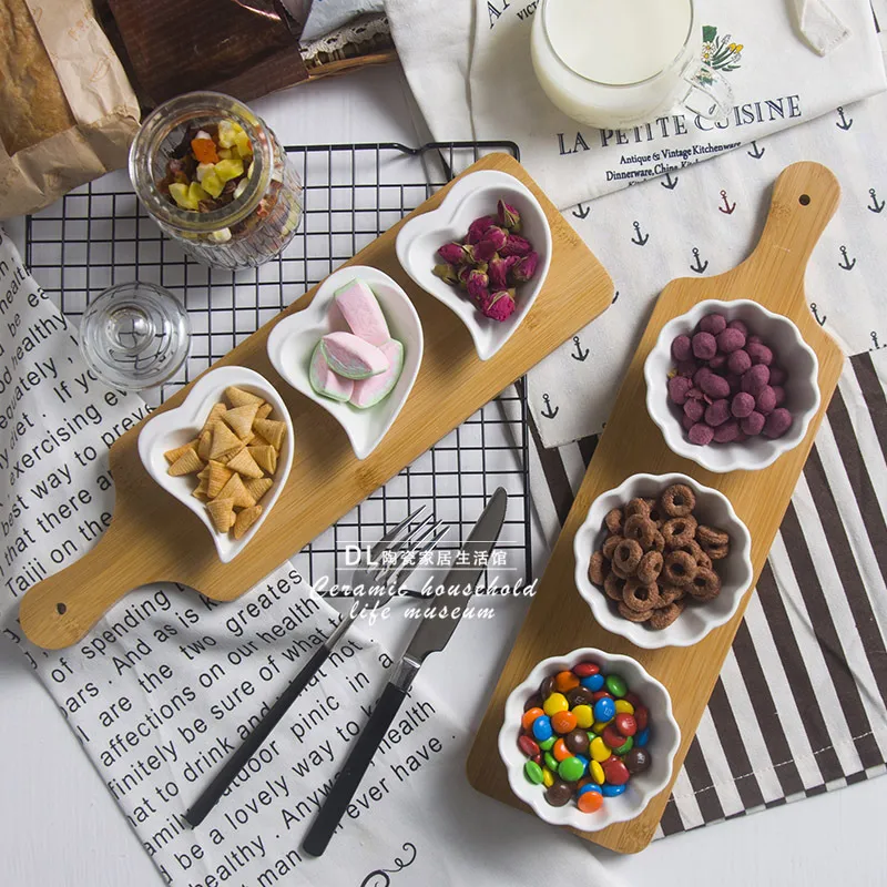 Cuenco DIP con compartimento de cer&aacute;mica creativo con plato de servir de bamb&uacute; 