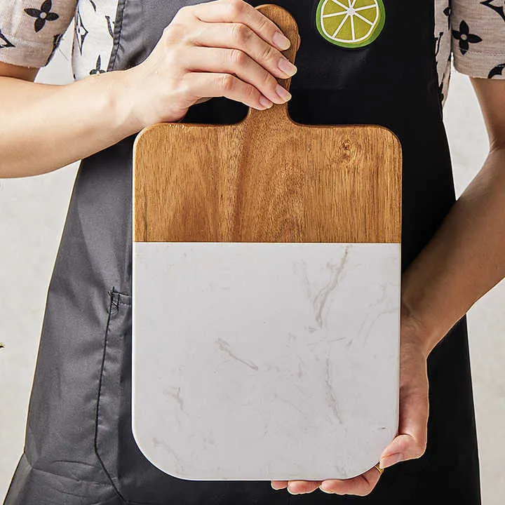 Tabla para charcuter&iacute;a de m&aacute;rmol y madera de acacia de forma redonda con mango Tabla 