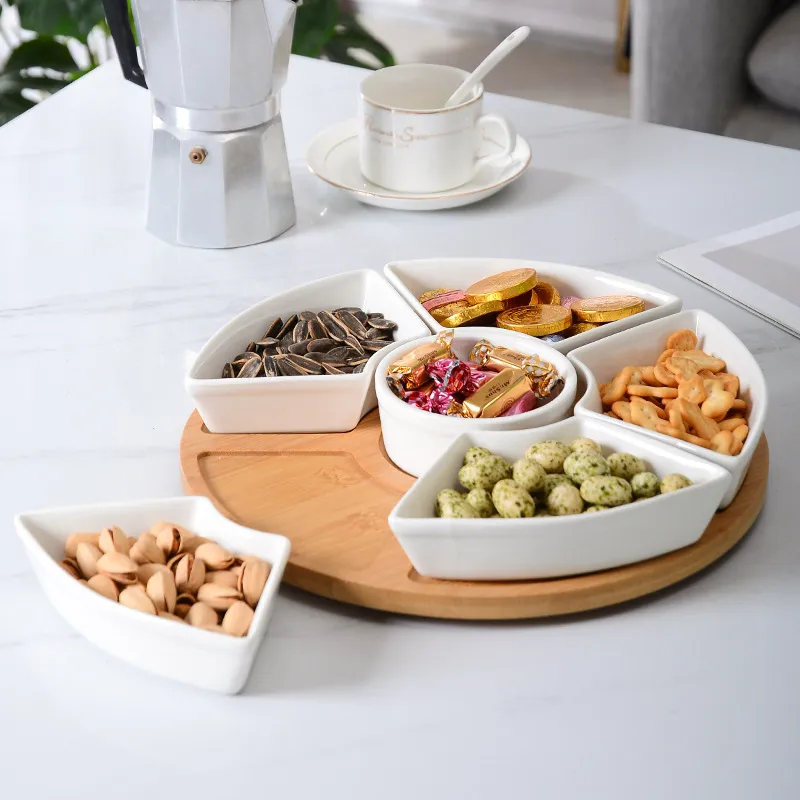 Tocadiscos Lazy Susan de madera de acacia, bandeja para servir para mesa con varios platos de porcelana 