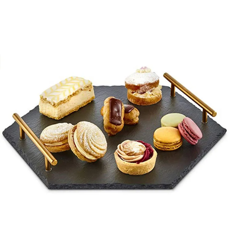 Tabla para servir/bandeja/plato de pizarra negra con forma hexagonal con mango de metal