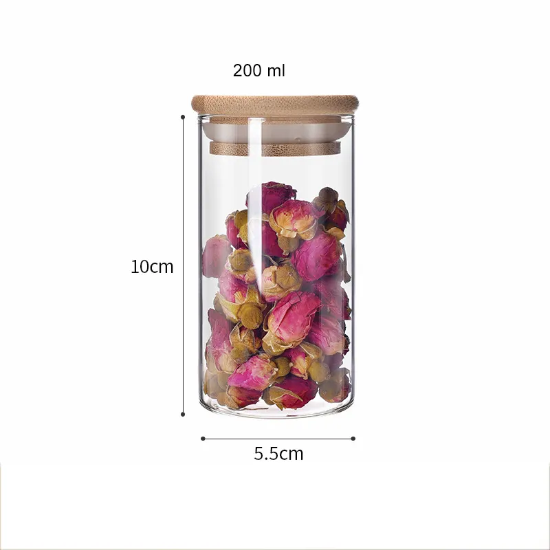 Tarro de almacenamiento de vidrio de borosilicato con tapa de bambú para nueces, galletas, dulces, café, envasado de alimentos