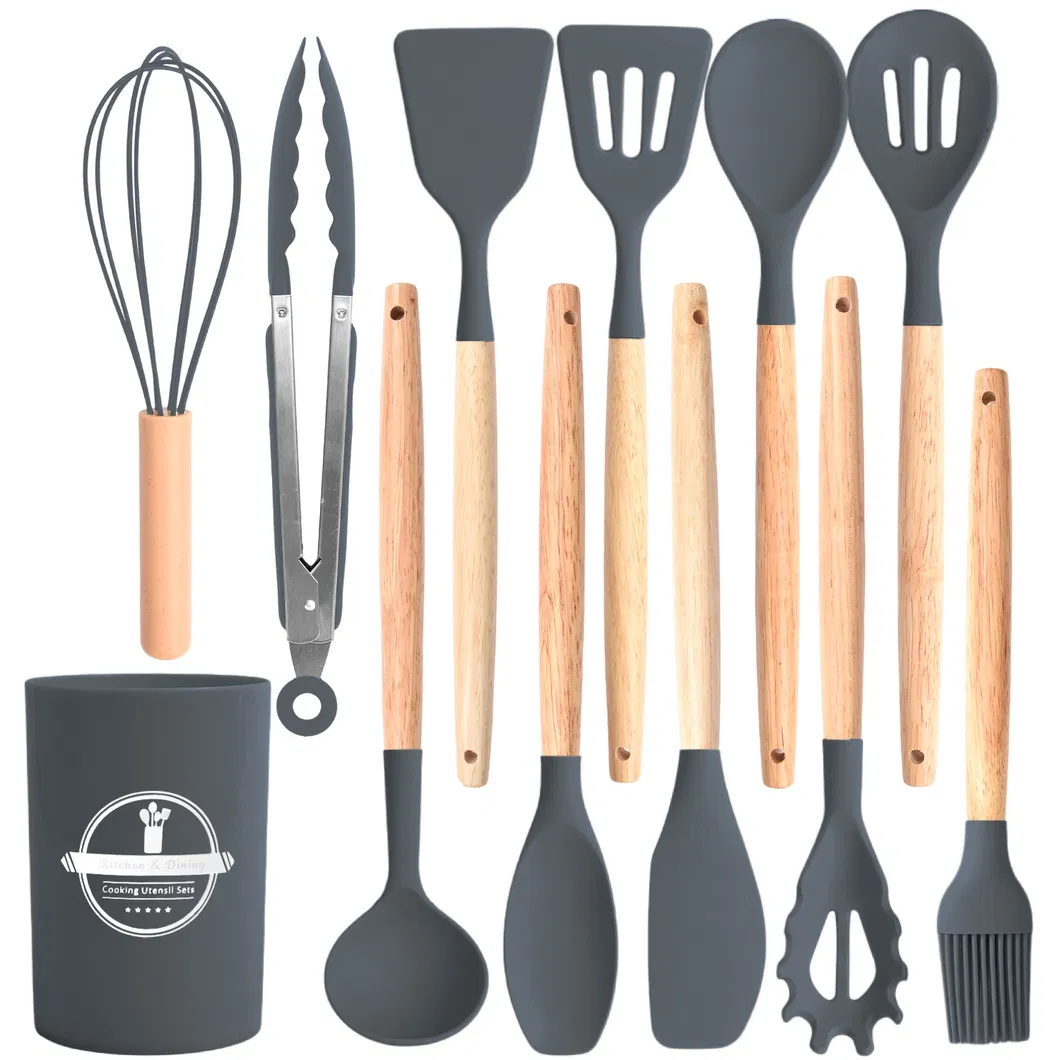 utensilios de cocina con mango de madera y soporte de almacenamiento Juego de utensilios de cocina de silicona multiusos de 12 piezas, herramientas de cocina, 
