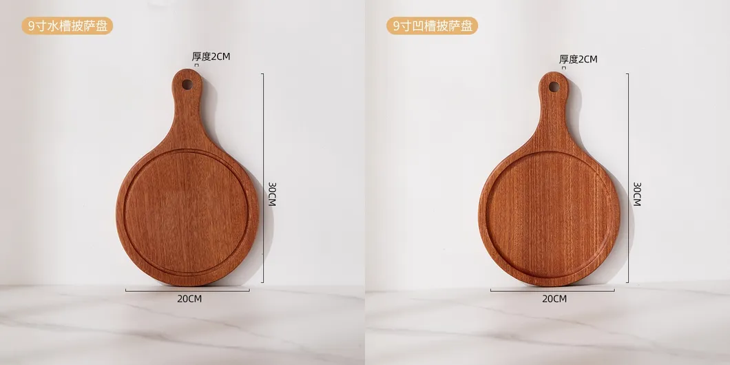 Venta al por mayor Tabla para servir pizza de madera de ébano de forma redonda con asas