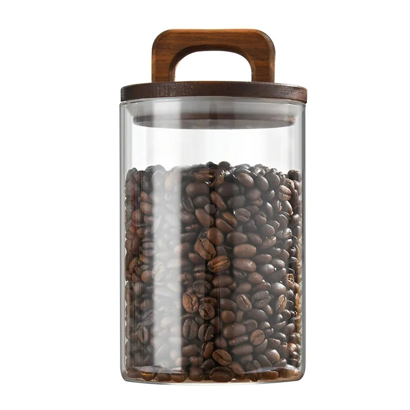 Recipientes funcionales de vidrio para alimentos, botellas de almacenamiento de granos de caf&eacute; con tapa de madera de acacia.