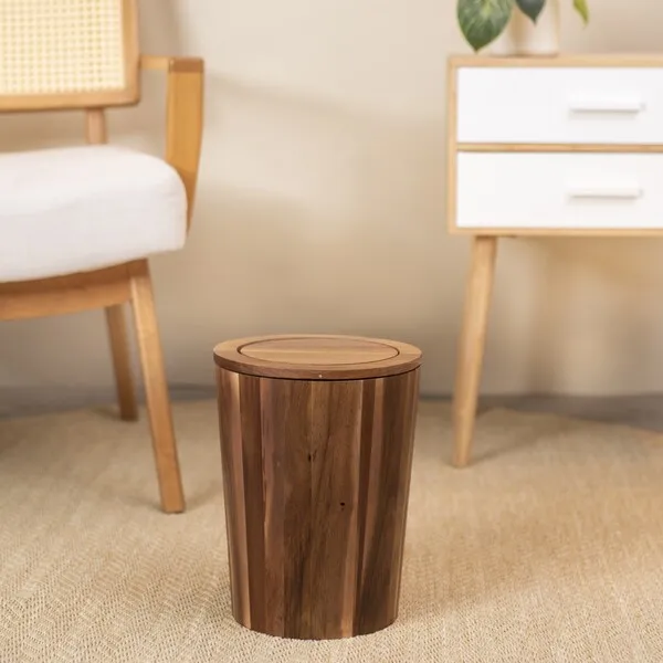 Cesta de basura de madera de acacia ecol&oacute;gica con tapa 