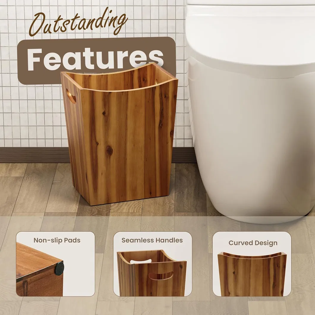 Cesta de basura peque&ntilde;a de madera de acacia con asas para el ba&ntilde;o 