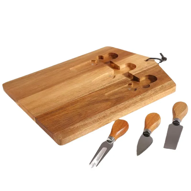 Juego de tabla para quesos de madera de acacia hecha a mano con tenedor, cuchillos y correas de cuero