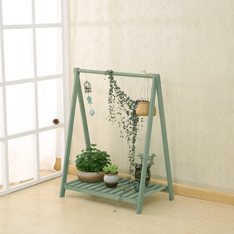 Estante de flores de madera maciza para macetas con flores y plantas colgantes
