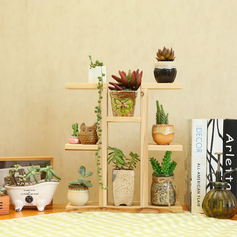 Estante de escritorio de m&uacute;ltiples capas con soporte de flores de madera s&oacute;lida para libros/juguetes/plantas 