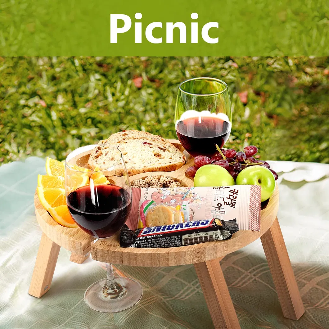 Mesa de camping redonda port&aacute;til y plegable de bamb&uacute;, bandeja para aperitivos para picnic