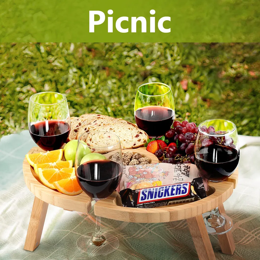 Mesa de picnic de bambú de forma ovalada para exteriores con soporte de vidrio para parque, playa, camping y cama