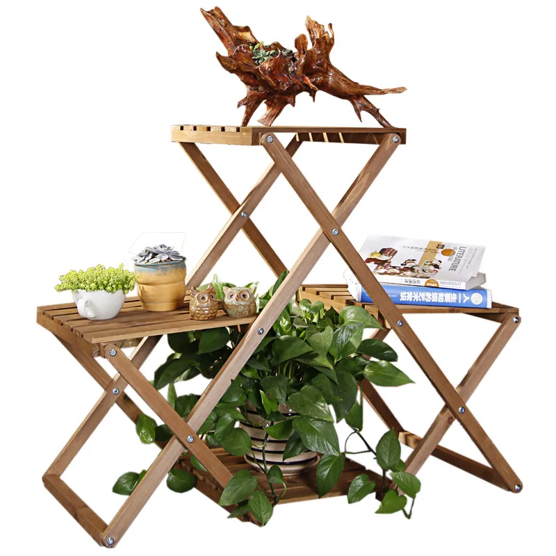 de madera triangular móvil y plegable Soporte de exhibición de plantas para interiores al aire libre