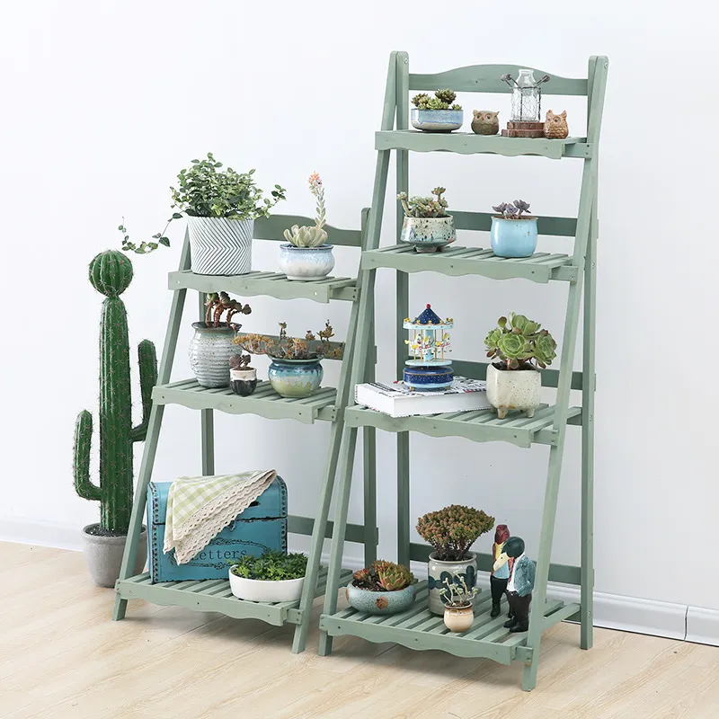 Estante plegable para flores multifunci&oacute;n de cuatro capas, soporte para plantas de madera, estante de exhibici&oacute;n para jard&iacute;n 