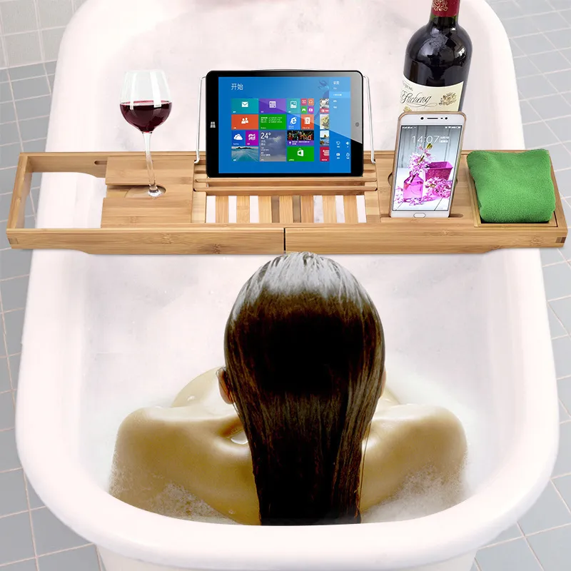 Estante de ba&ntilde;o retr&aacute;ctil multifuncional antideslizante de bamb&uacute;, estante para ba&ntilde;era con soporte para vino tinto Estante de ba&ntilde;o 