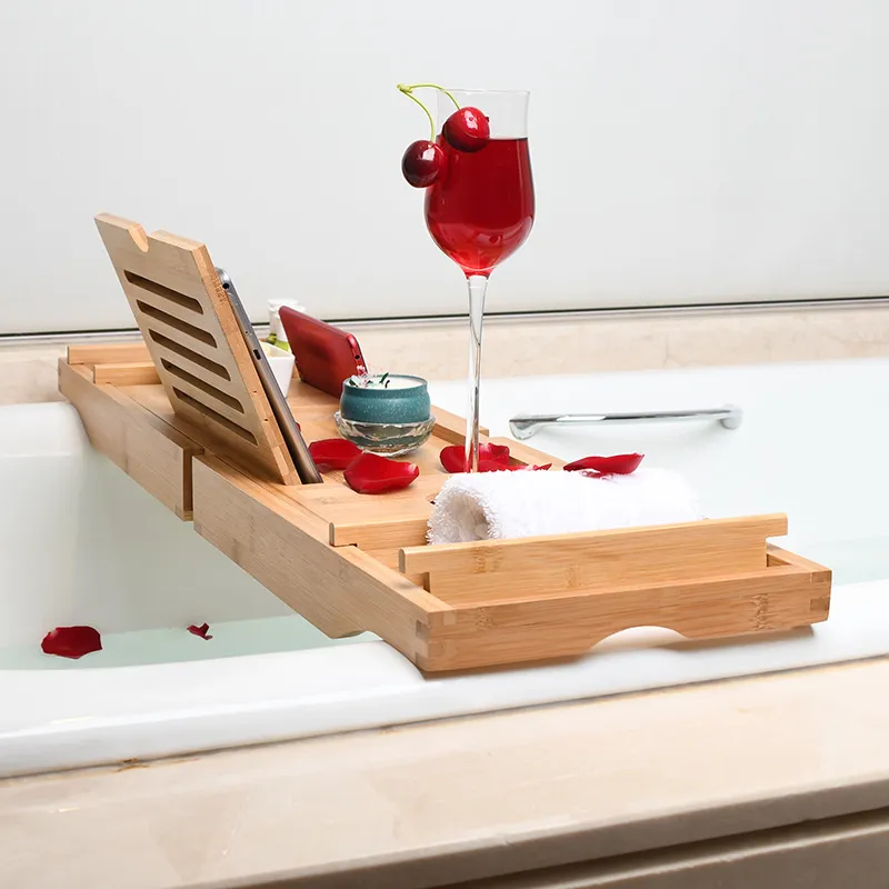 Tenedor de bambú de la bañera del estante del almacenamiento del cuarto de baño del color blanco con el tenedor del teléfono móvil