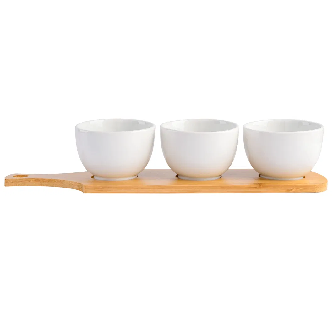 Elegante juego de cuencos Tidbit blancos de 3 piezas con bandeja para servir de bamb&uacute;