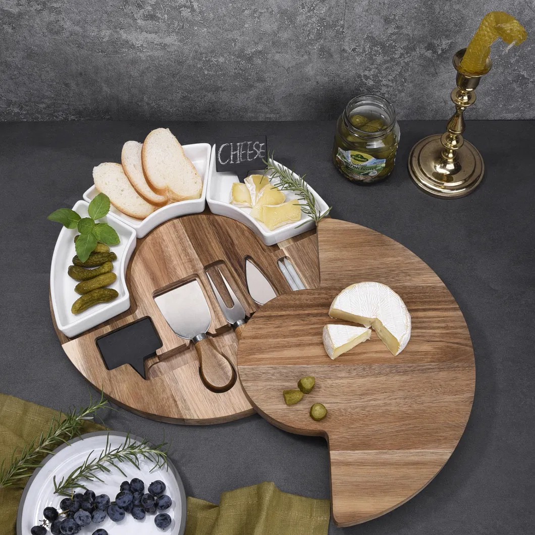 Supply Tabla redonda de queso de acacia con tazones y cuchillos extra&iacute;bles 