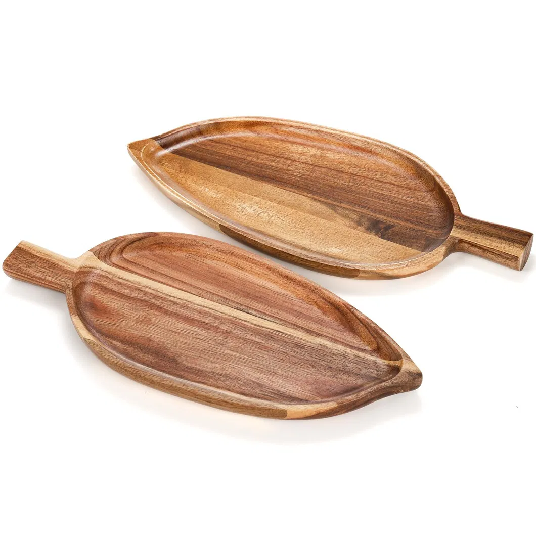 Bandeja para servir alimentos de madera de acacia con forma de hoja para aperitivos y refrigerios con asas 
