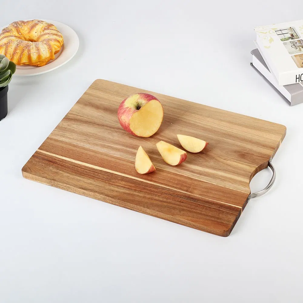 Tabla de cortar de madera de acacia Tabla de cortar para verduras con mango de metal 