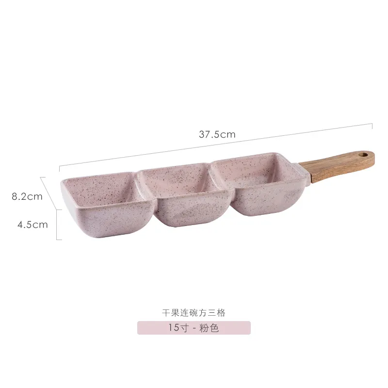 Elegante juego de platos de cerámica con asas de madera para refrigerios