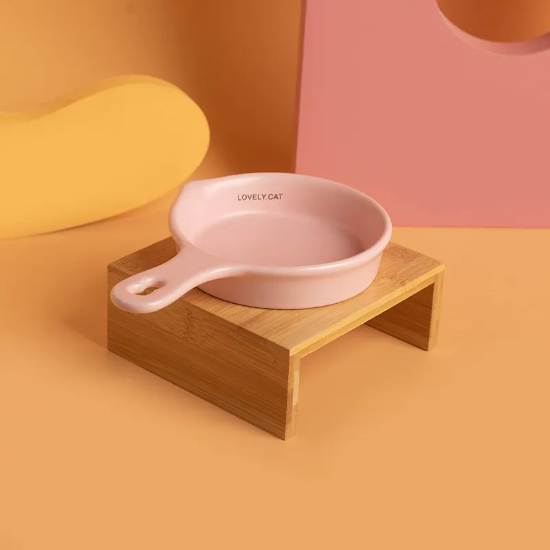 Cuenco de cer&aacute;mica con fondo plano para gatos Slow - Comedero Bebedero con asa y soporte de bamb&uacute;