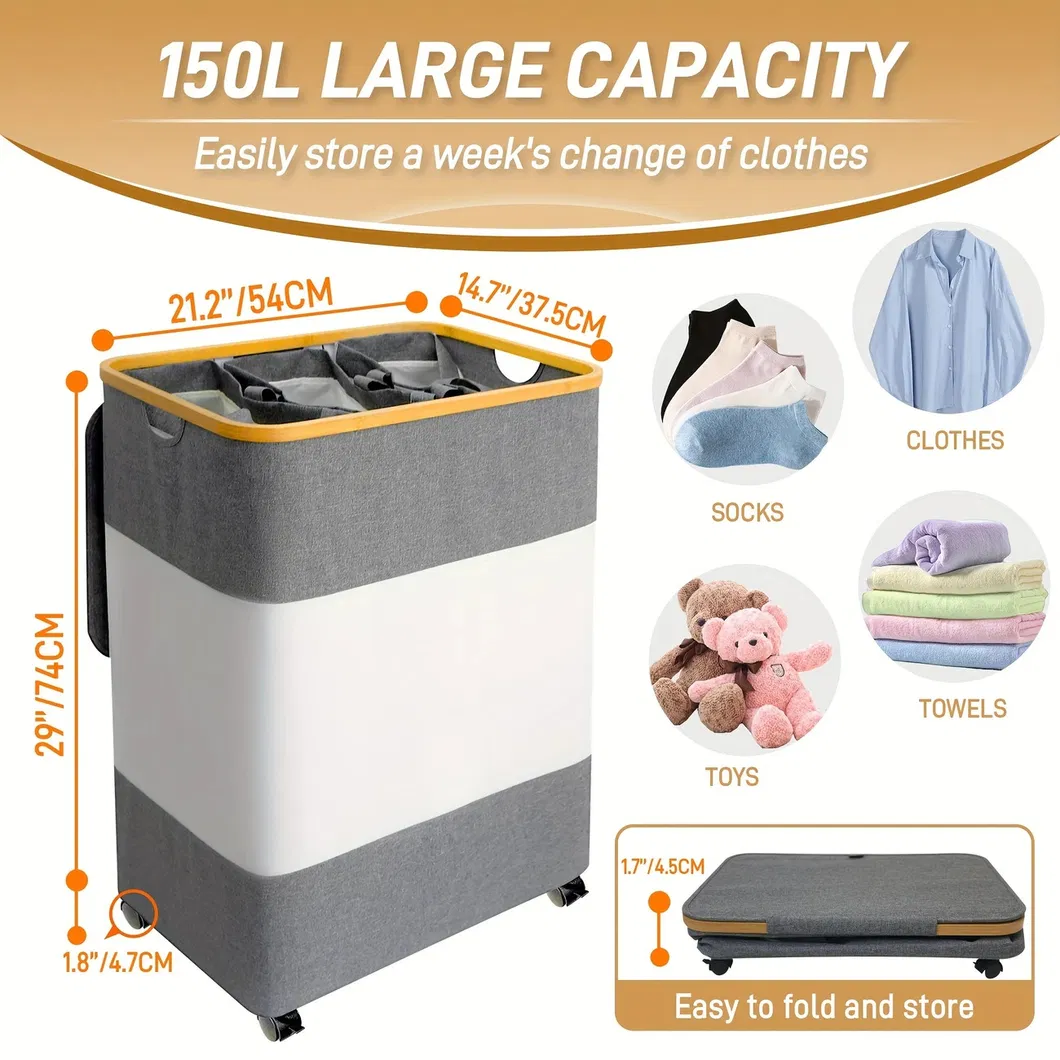 Cesto para la ropa sucia de tela de bamb&uacute; plegable empalmado en blanco y negro de gran capacidad con tapa y ruedas 