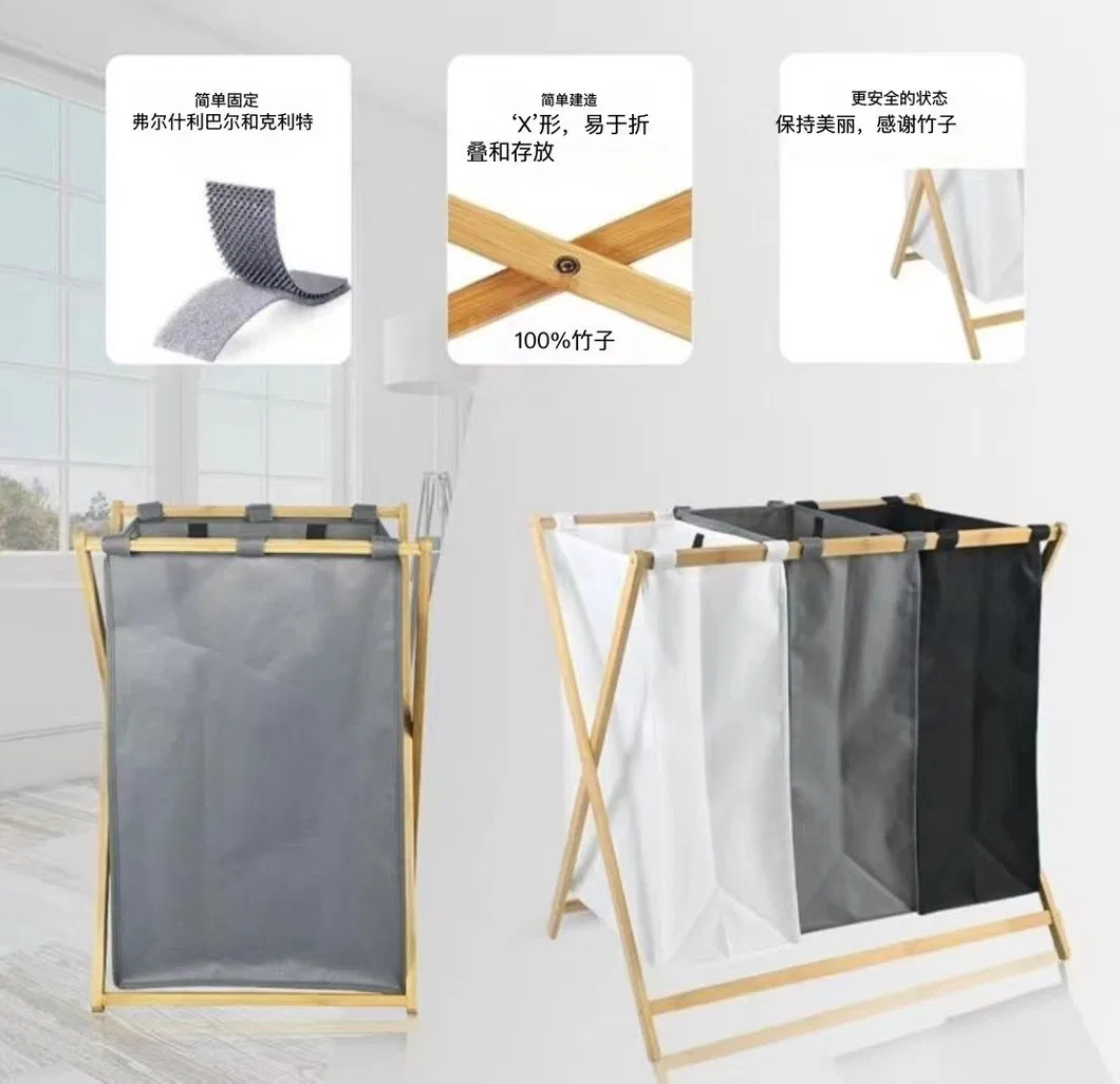 Cestas de lavander&iacute;a de tela plegables impermeables con tres compartimentos Cestas para art&iacute;culos diversos con estante de bamb&uacute; 