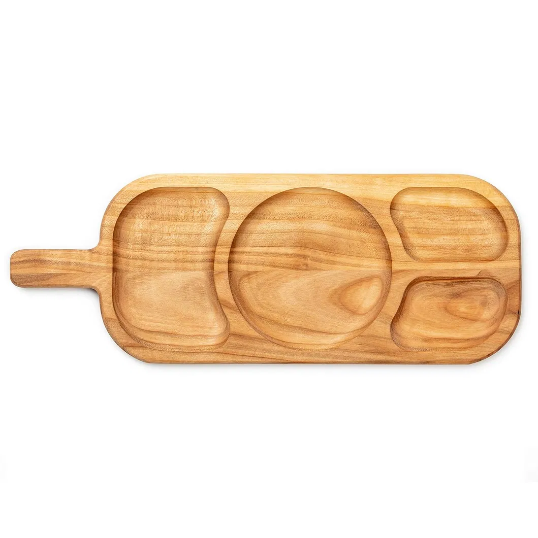 Herramientas de cocina hechas a mano, plato de madera dividido, plato de madera para servir con mango 