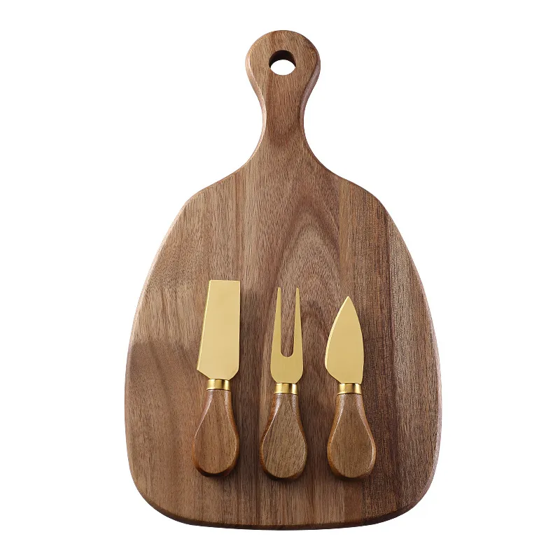 f&aacute;cil de limpiar con asas y cuchillos negros Tabla para servir queso de madera de acacia 
