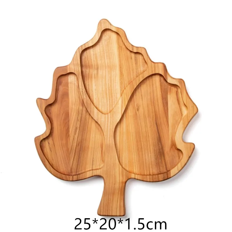 Plato de porci&oacute;n de madera de acacia dividida en forma de hoja para frutas secas/bocadillo 