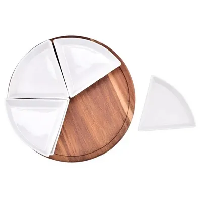 Bandeja redonda para servir de madera de acacia Lazy Susan de 12 pulgadas con 4 tazones de cer&aacute;mica divididos 