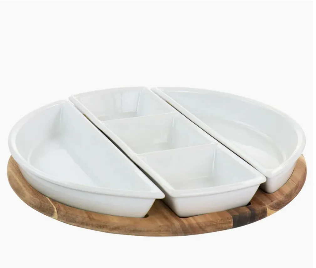 Juego de condimentos de cerámica, plato para salsa sobre base de madera de acacia