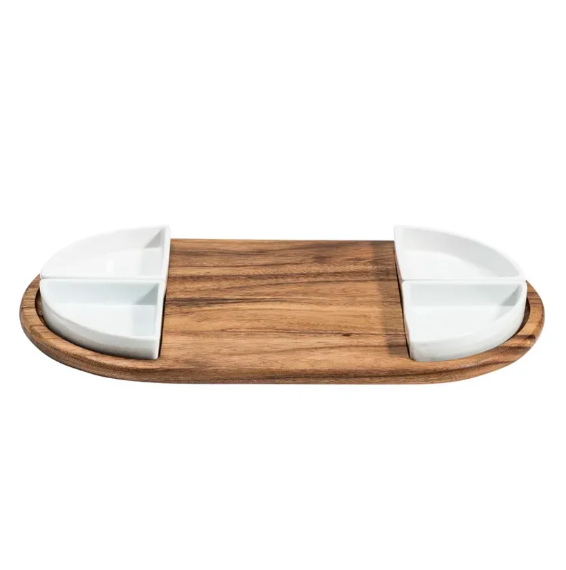 Bandeja para servir tabla de quesos de acacia con 4 tazones de cer&aacute;mica
