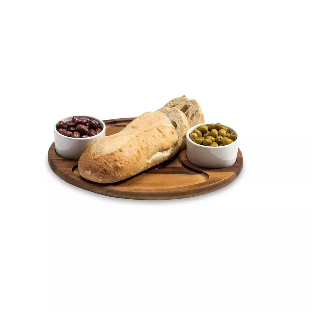 Tabla grande para servir embutidos de madera de acacia Bandeja de madera con 2 cuencos de cer&aacute;mica Tabla 