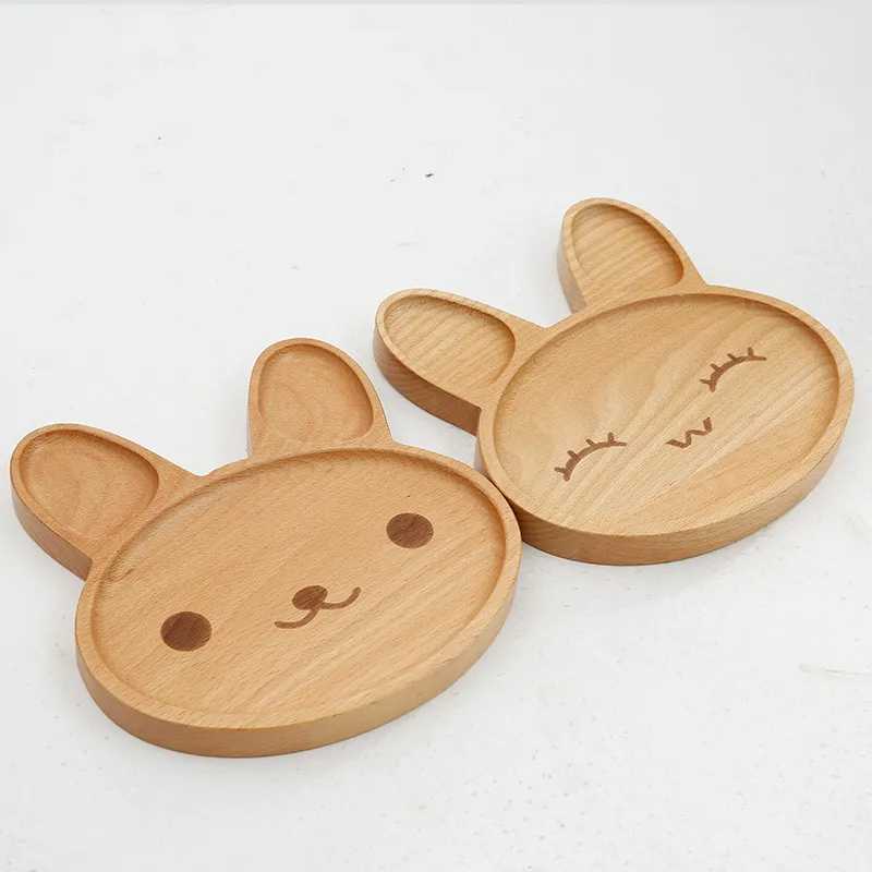 Plato de cena de madera de haya natural con forma de conejo, plato de aperitivo para ni&ntilde;os 