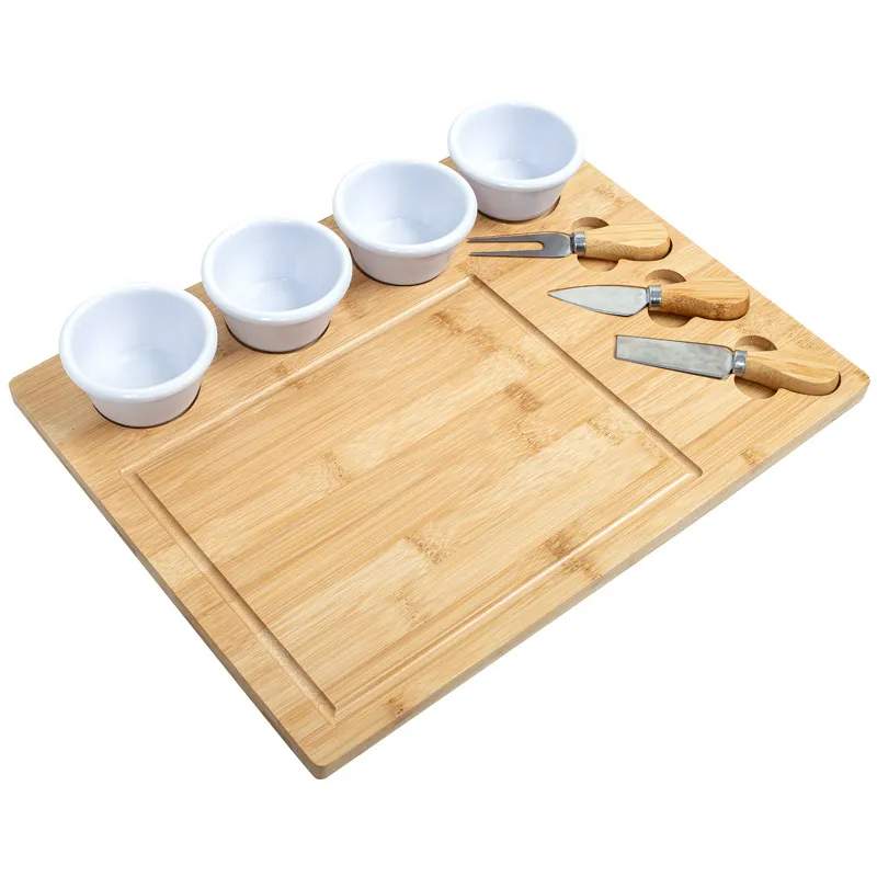 Juego de tabla de queso de bamb&uacute; y cuchillos con platos de salsa de cer&aacute;mica para servir queso, embutidos