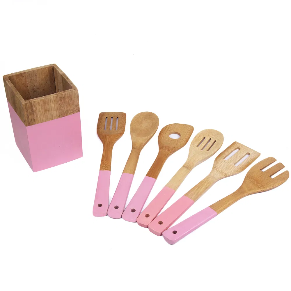 Home Basics Juego de 7 utensilios de bambú de colores con soporte