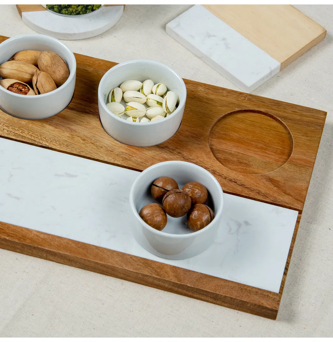 Tabla para servir de madera de acacia con m&aacute;rmol y 3 vasos DIP de cer&aacute;mica 