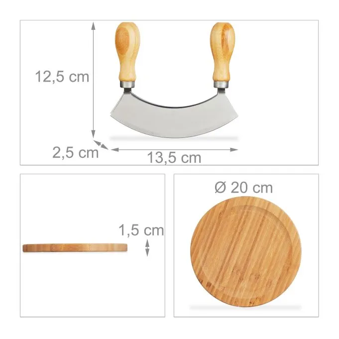 Cuchillo Media Luna y Tabla de Madera de Bambú de 20 Cm con Picador de Hierbas de Acero de Doble Hoja