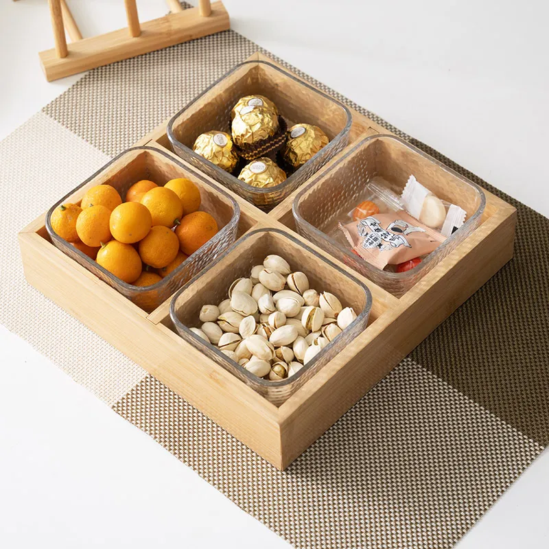 Plato para refrigerios de vidrio de 6 compartimentos con bandeja de bamb&uacute;, organizador de rejilla para frutas secas y refrigerios 