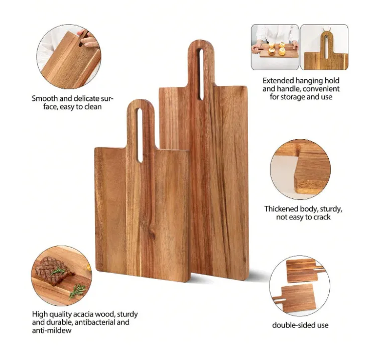 Venta al por mayor de tablas de cortar de madera, juego de 2 con mango 