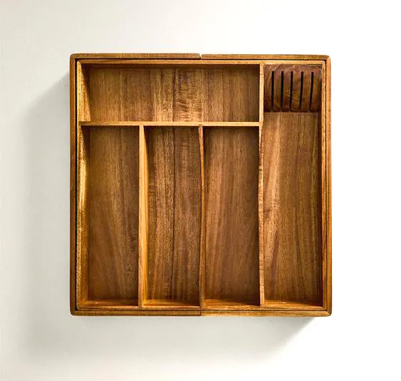 Organizador de cajones de cocina de acacia de lujo con 8 ranuras y divisores para cubiertos, utensilios y cubiertos 