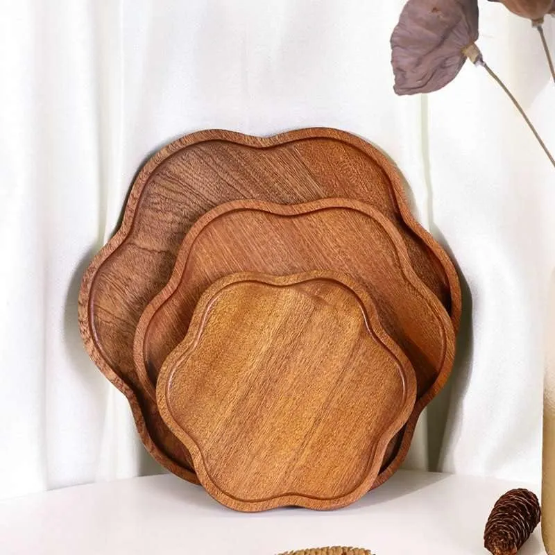 de 8 pulgadas Juego de platos de postre, fruta, pan y cena de madera de &eacute;bano con forma de p&eacute;talo 