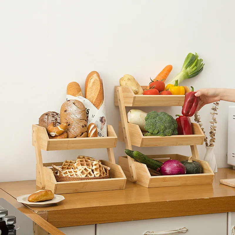 Cesta de almacenamiento de bambú de 2 niveles para encimera para frutas, verduras y pasteles