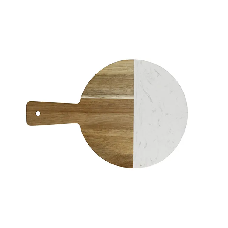 Tabla para charcuter&iacute;a de m&aacute;rmol y madera de acacia de forma redonda con mango