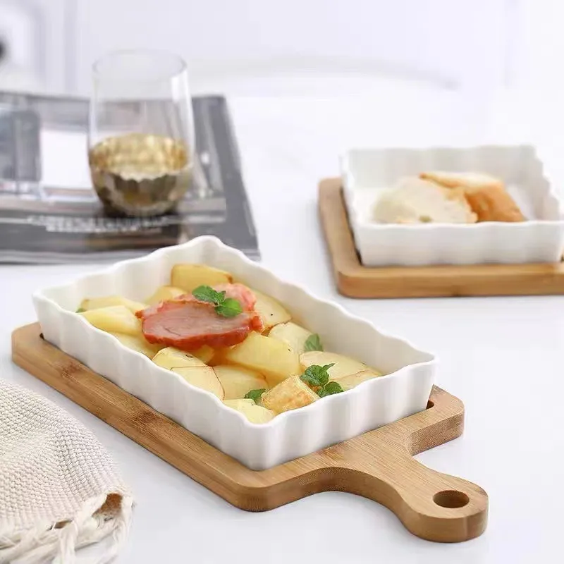 Bandeja vintage de cer&aacute;mica blanca para servir frutas y queso con salvamanteles para hornear 